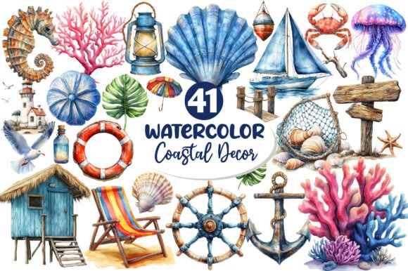 Download Watercolor Coastal Decor Clipart - Coastal decor Collection